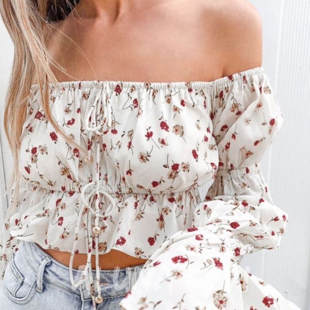 boho gypsy floral print off shoulder crop top - Picture 2 of 5